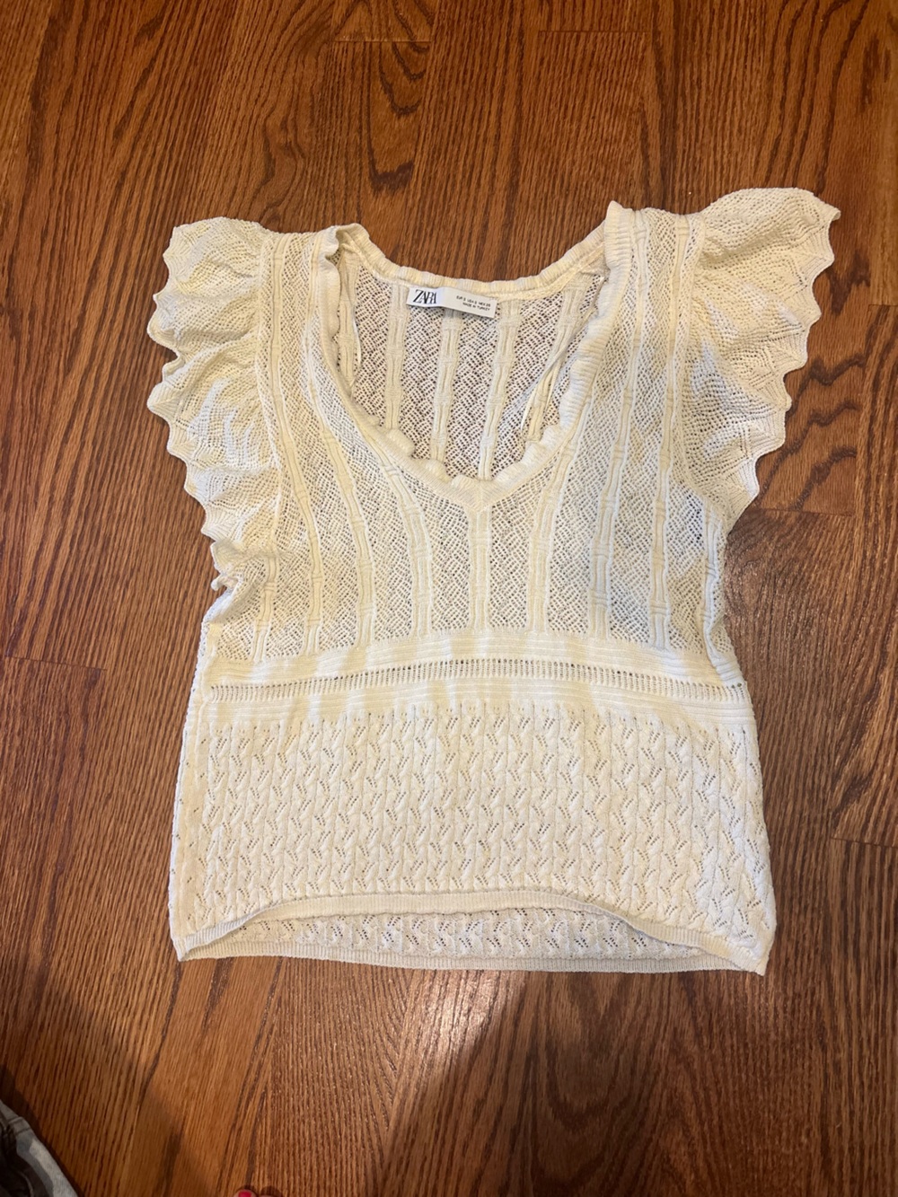ZARA Cream Openwork Knit Tank with Ruffle Trim